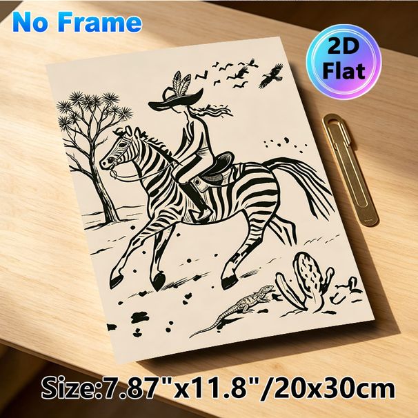Western Cowboy Riding Zebra Painting Poster, Monochrome Linocut-style Wild Desert Scene Poster, Rustic Wild West Inspired Decor Ideal For Living Room_maomaolike.com