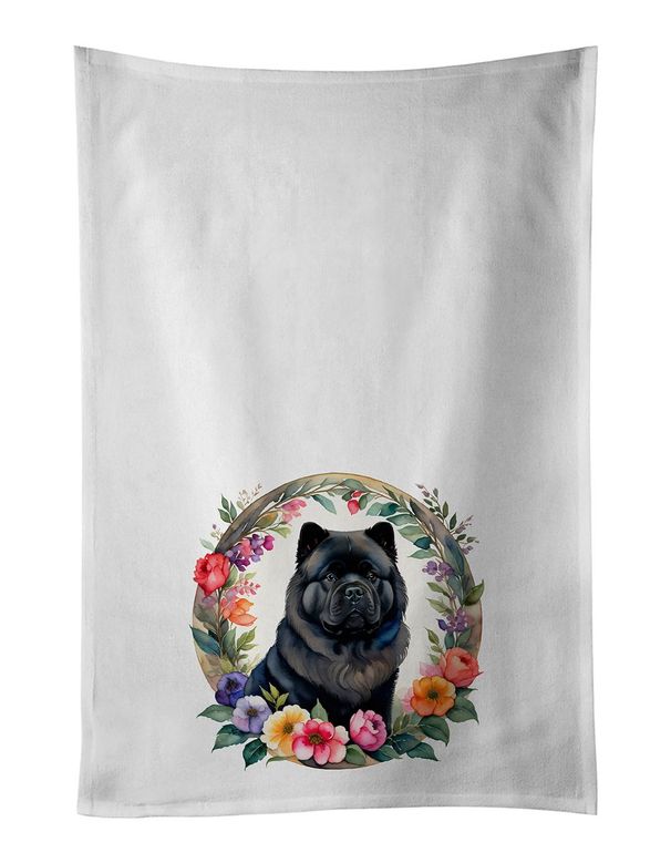 Black Chow Chow And Flowers Kitchen Towel Set Of 2 White Dish Towels Decorative Bathroom Hand Towel For Hand, Face, Hair, Yoga, Tea, Dishcloth, 19 X 28", White_maomaolike.com