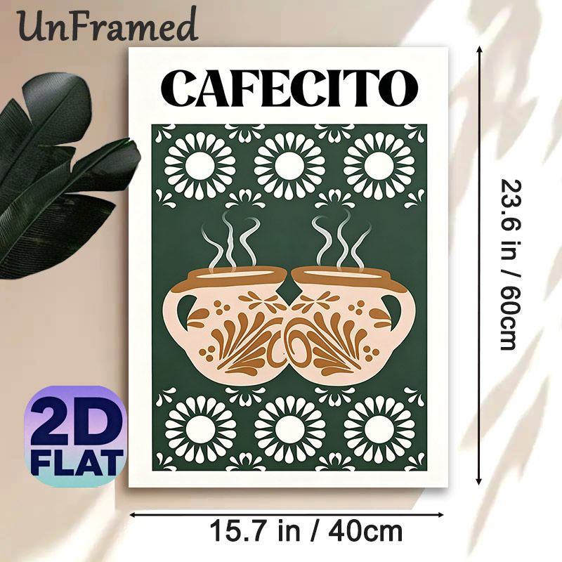 Cafecito Themed Painting Poster, Bohemian Vintage Style Illustrated Paired Clay Coffee Mugs With Floral Pattern Poster, Warm Coffee-inspired Decor_maomaolike.com
