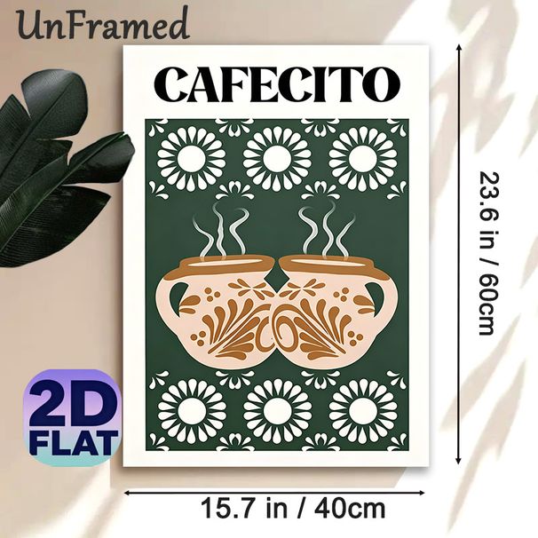 Cafecito Themed Painting Poster, Bohemian Vintage Style Illustrated Paired Clay Coffee Mugs With Floral Pattern Poster, Warm Coffee-inspired Decor_maomaolike.com