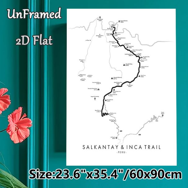Salkantay & Inca Trail Painting Poster, Minimalist Black-and-White Route Map Poster, Clear Hiking Trail Details, Ideal For Home, Travel-Themed Spaces_maomaolike.com