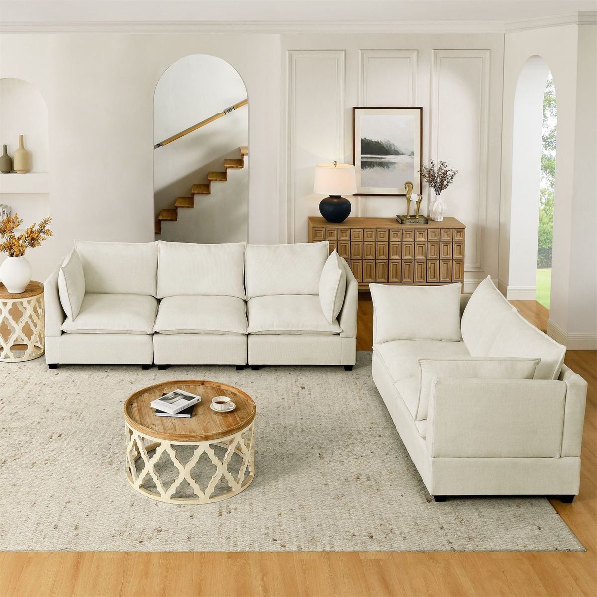 2-Piece Chenille Fabric Upholstered Living Room Furniture Set, Including 3-Seater Sofa And Loveseat Sofa With Seat And Back Cushion(Beige White)_maomaolike.com