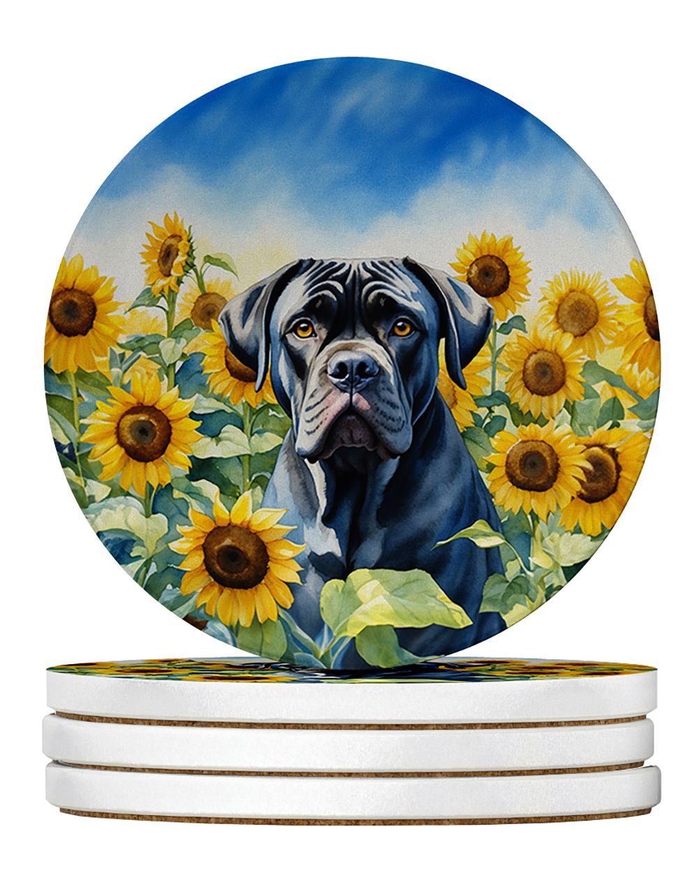 Cane Corso In Sunflowers Large Sandstone Coasters Pack Of 4 Absorbent Round Coasters Decor Gifts For Men Or Women, 4 In, Multicolor_maomaolike.com