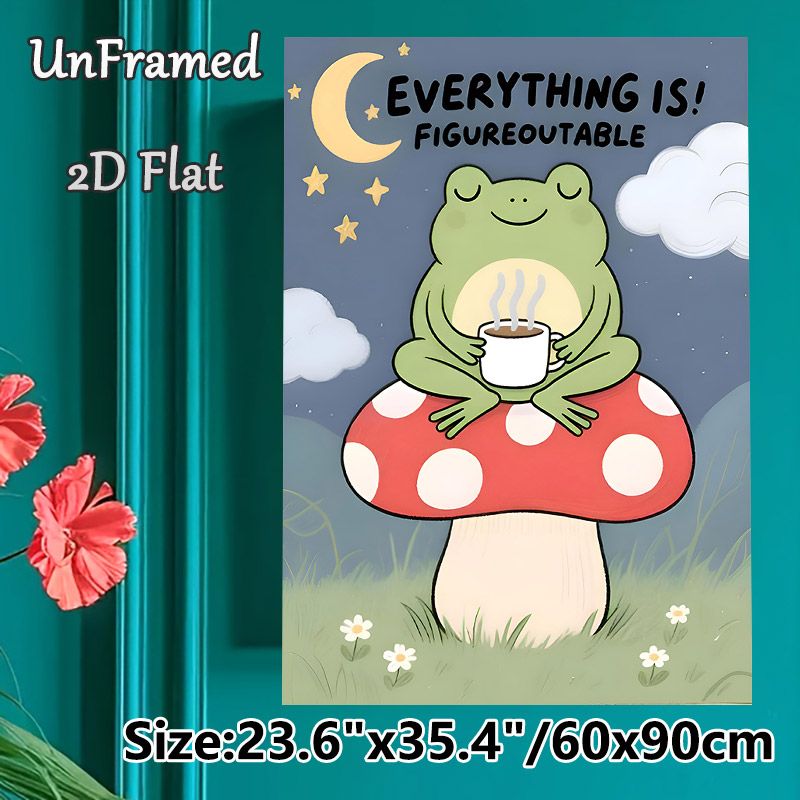 Inspirational Frog Painting Poster, Warm & Cute Cartoon Frog On Mushroom With Motivational Quote Night Scene Poster, Uplifting Wall Decor For Bedroom_maomaolike.com