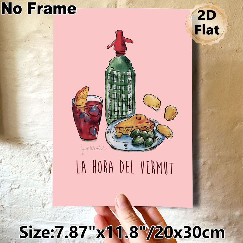 Vermouth Hour Themed Painting Poster, Watercolor-style Drink & Tapas Illustration Poster, Charming Casual Dining Decor For Kitchen, Dining Room_maomaolike.com