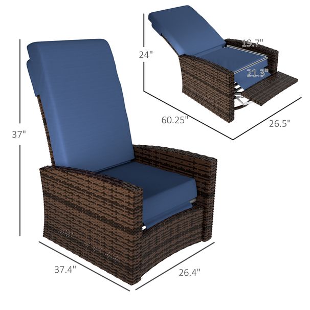 Outdoor Wicker Swivel Recliner Chair, Lifting Footrest, 360° Rotating Basic, Water-resistant Cushions, Dark Blue_maomaolike.com