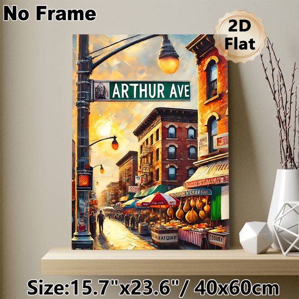 Arthur Ave City Street Painting Poster, Warm-toned Impressionist-style Urban Street Scene Poster, Vibrant Downtown Market View Ideal For Living Room_maomaolike.com