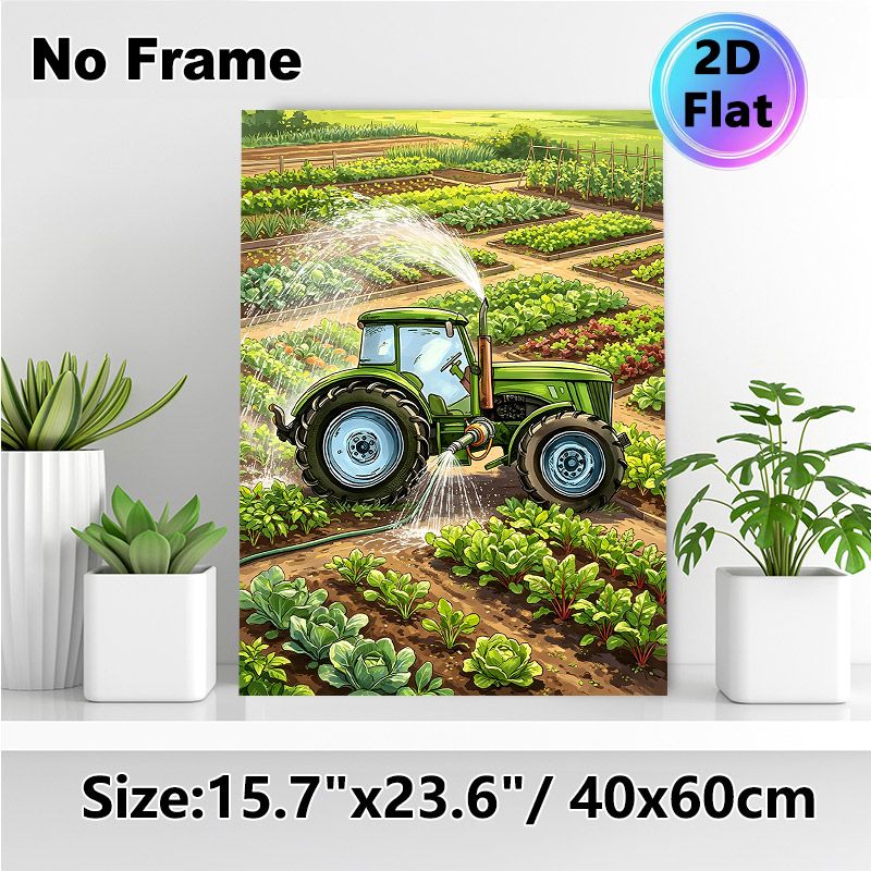 Farm Tractor Gardening Painting Poster, Vibrant Cartoon-style Poster, Green Tractor Watering Vegetable Fields, Fresh Pastoral Decor Idea For Home_maomaolike.com