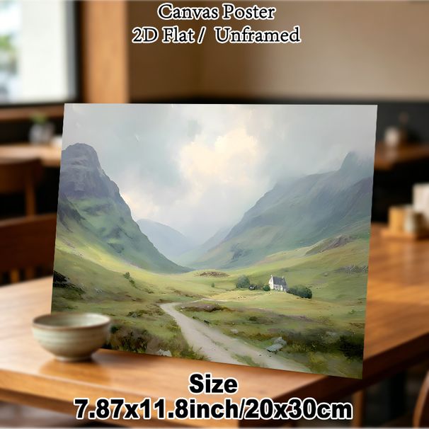 Valley Countryside Landscape Painting Poster, Soft-toned Misty Mountain Valley With Cottage Poster, Calming Natural Scenery Ideal For Living Room And_maomaolike.com