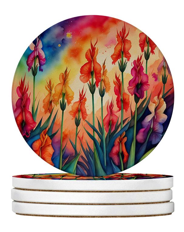 Colorful Gladiolus Large Sandstone Coasters Pack Of 4 Absorbent Round Coasters Decor Gifts For Men Or Women, 4 In, Multicolor_maomaolike.com