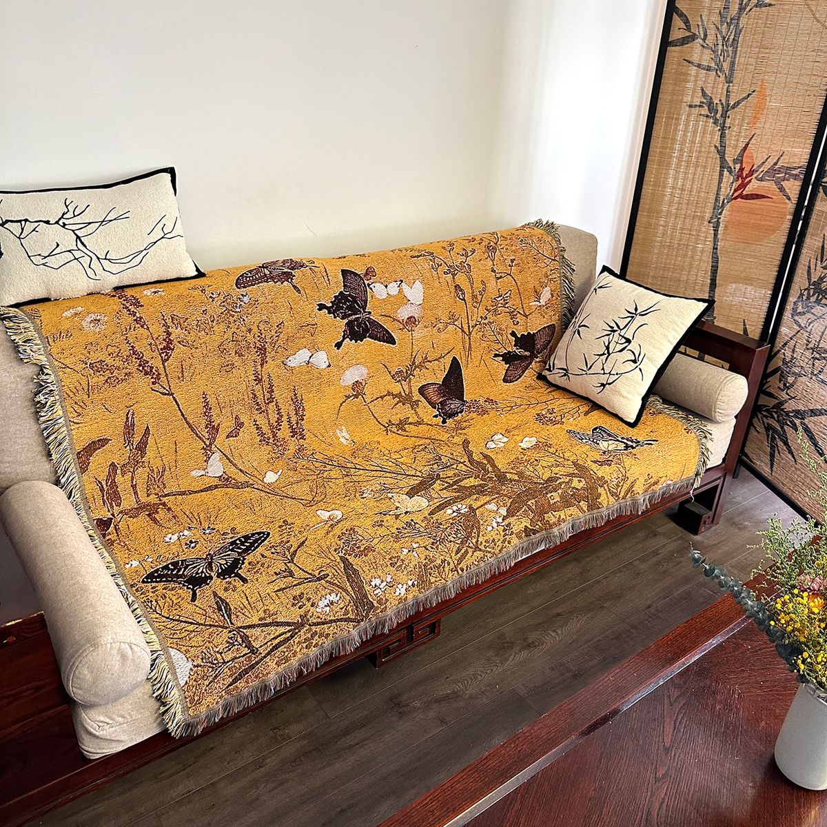 New Chinese Style Hundred Butterflies Pattern Woven Thread Vintage Floral Homestay Decoration Sofa Throw Blanket Wall Tapestry Pai_maomaolike.com