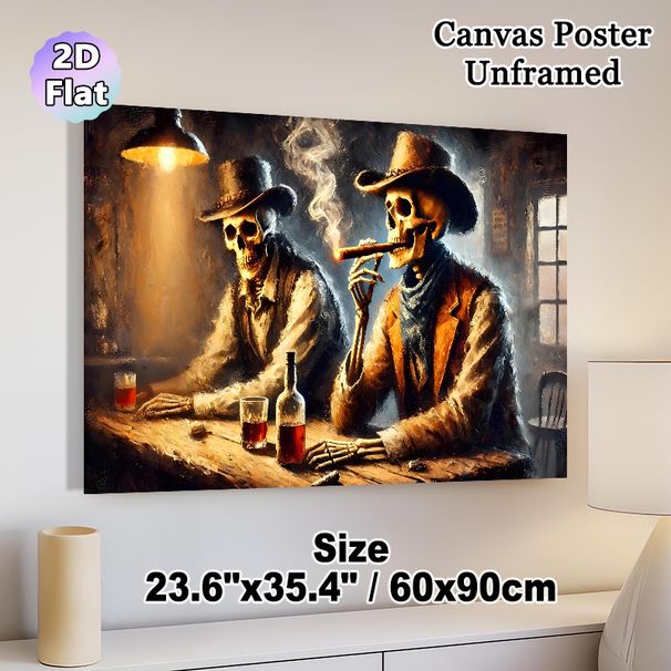Cowboy Skeleton Painting Poster, Vintage Dark Moody Western Oil Painting Poster, Rustic Saloon Scene With Skeleton Cowboys, Artistic Wall Decor For_maomaolike.com