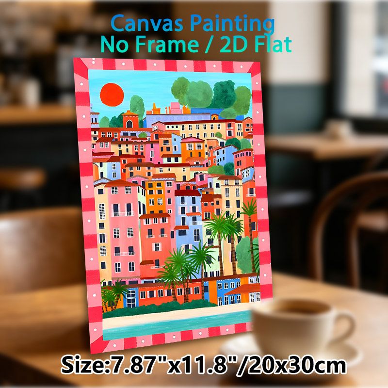 Coastal Town Painting Poster, Vibrant Colorful Mediterranean Hillside Town Poster, Bright Cheerful Seaside Urban Artwork, Ideal For Living Room_maomaolike.com