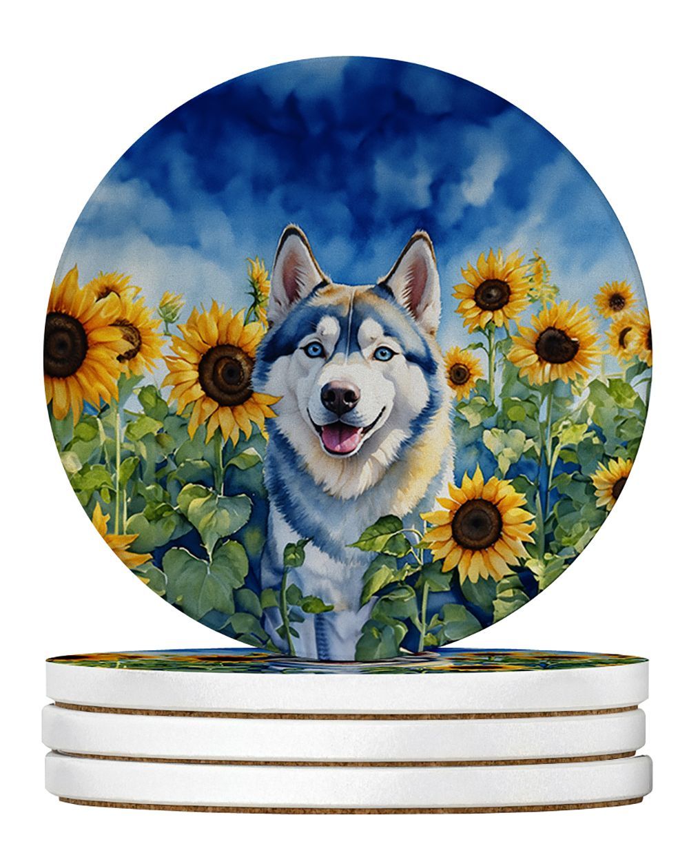 Siberian Husky In Sunflowers Large Sandstone Coasters Pack Of 4 Absorbent Round Coasters Decor Gifts For Men Or Women, 4 In, Multicolor_maomaolike.com