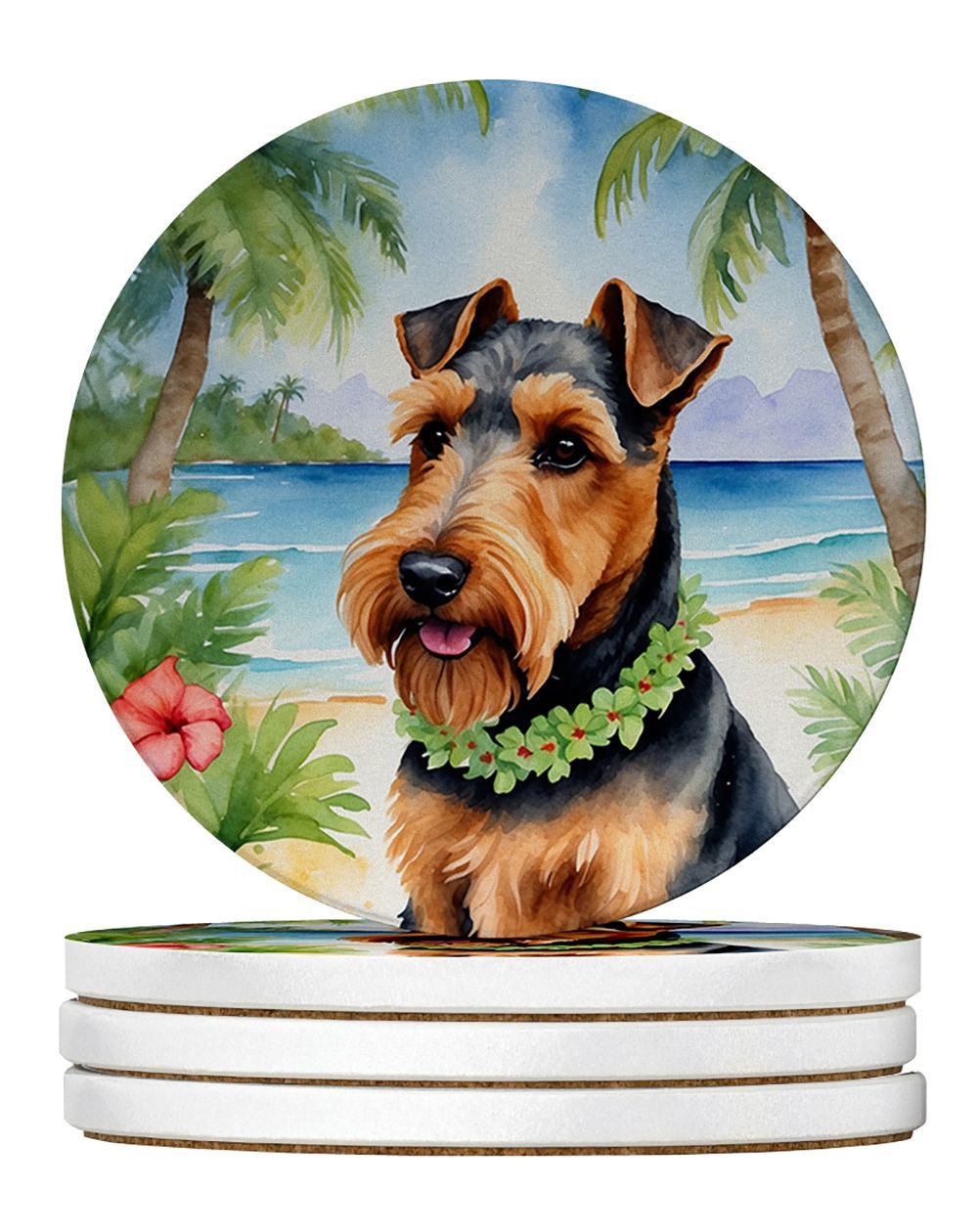 Welsh Terrier Luau Large Sandstone Coasters Pack Of 4 Absorbent Round Coasters Decor Gifts For Men Or Women, 4 In, Multicolor_maomaolike.com