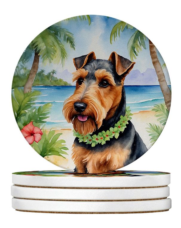 Welsh Terrier Luau Large Sandstone Coasters Pack Of 4 Absorbent Round Coasters Decor Gifts For Men Or Women, 4 In, Multicolor_maomaolike.com