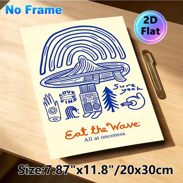 Surf Themed "Eat The Wave" Painting Poster, Playful Hand-drawn Cartoon Style Poster, Whimsical Design With Surf, UFO And Rainbow Elements, Ideal For_maomaolike.com
