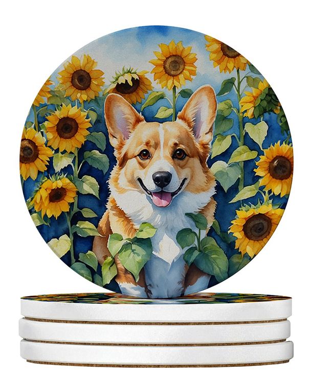 Corgi In Sunflowers Large Sandstone Coasters Pack Of 4 Absorbent Round Coasters Decor Gifts For Men Or Women, 4 In, Multicolor_maomaolike.com