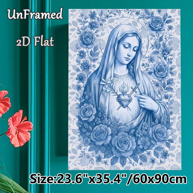 Immaculate Heart Of Mary Painting Poster, Delicate Monochrome Blue Religious Figure With Floral Accents Poster, Serene Spiritual Decor Ideal For Home_maomaolike.com