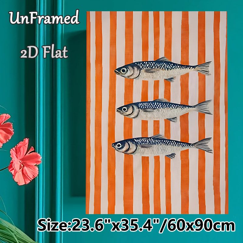 Sardine Themed Painting Poster, Realistic Sardines On Vibrant Orange Vertical Stripes Poster, Elegant Marine-inspired Decor Ideal For Kitchen And_maomaolike.com