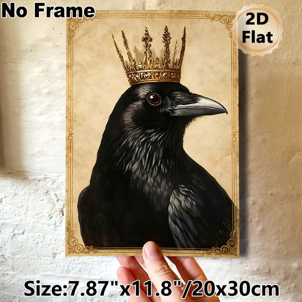Crown Raven Painting Poster, Vintage-style Detailed Black Raven With Ornate Golden Crown Poster, Elegant Dark-toned Decor Ideal For Living Room, Study_maomaolike.com