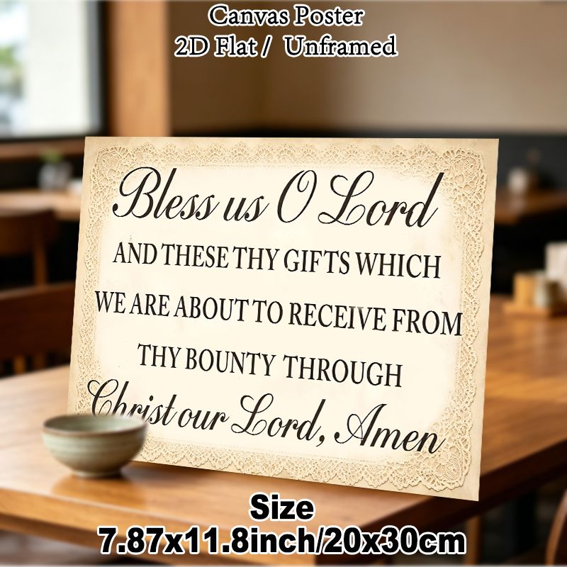 Christian Prayer Themed Painting Poster, Vintage Lace Border Elegant Typography Poster, Classic Mealtime Prayer Text For Dining Room & Kitchen Wall_maomaolike.com