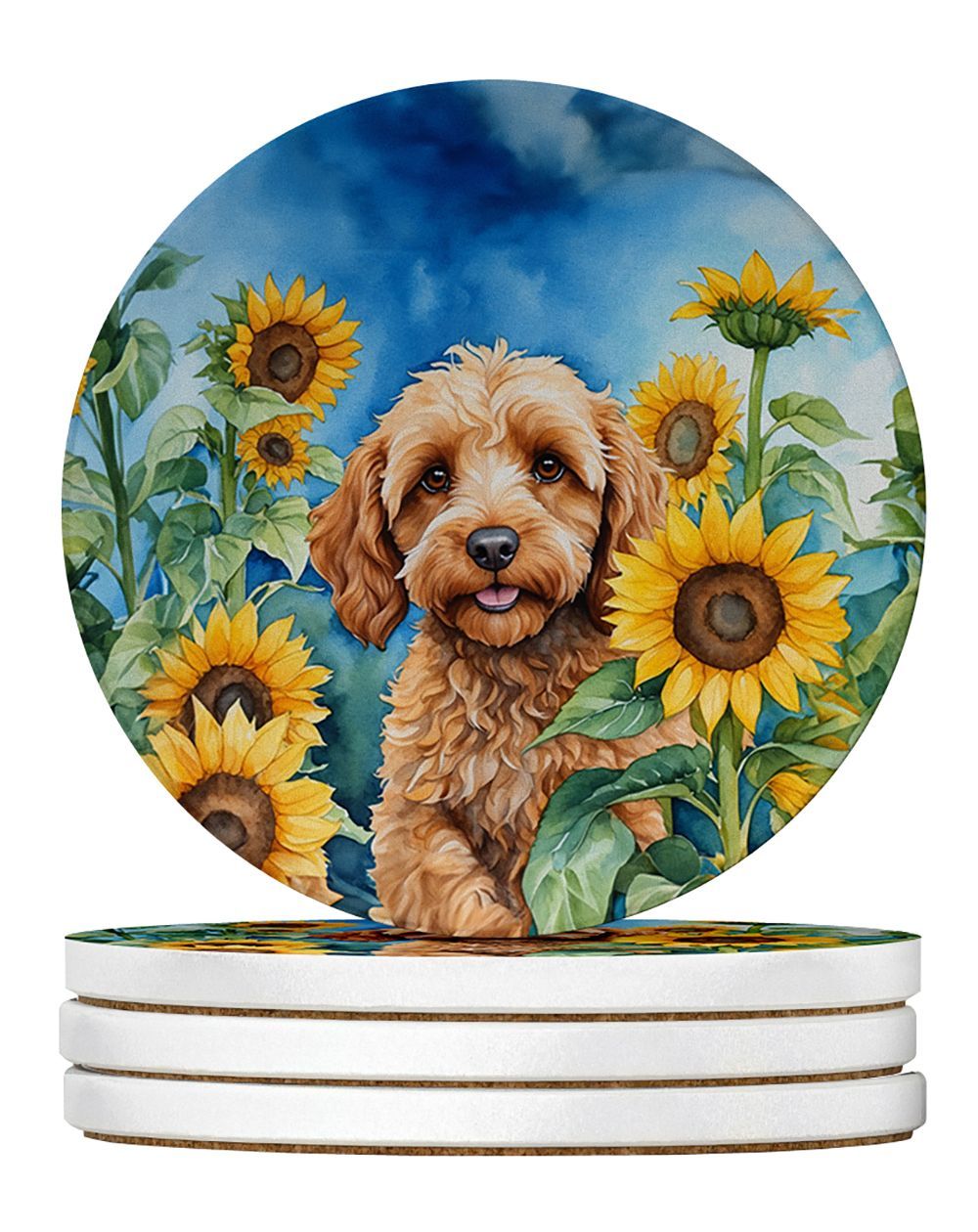 Cockapoo In Sunflowers Large Sandstone Coasters Pack Of 4 Absorbent Round Coasters Decor Gifts For Men Or Women, 4 In, Multicolor_maomaolike.com