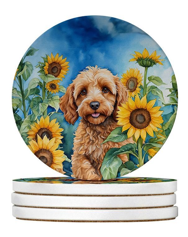 Cockapoo In Sunflowers Large Sandstone Coasters Pack Of 4 Absorbent Round Coasters Decor Gifts For Men Or Women, 4 In, Multicolor_maomaolike.com