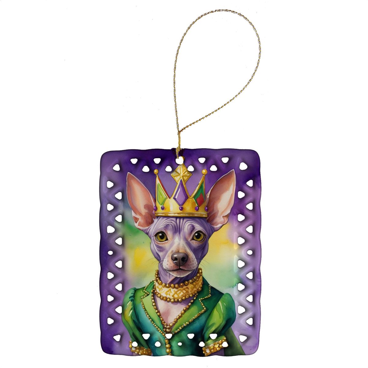 American Hairless Terrier King Of Mardi Gras Porcelain Ornament Christmas Tree Hanging Decorations For Home Christmas Holiday, Rectangle, Gift, Multicolor_maomaolike.com