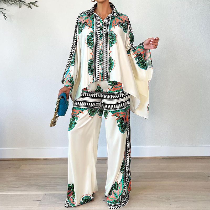 Women's clothing autumn new fashion printed lapel bat sleeve top loose trousers two-piece set_maomaolike.com