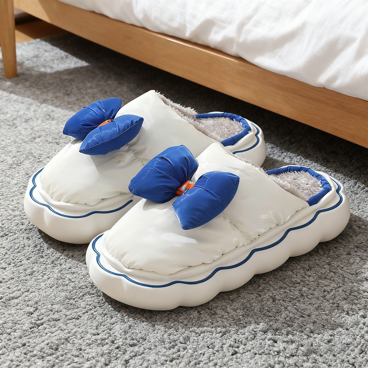 Bowknot Cotton Slippers-Pink&Blue_maomaolike.com