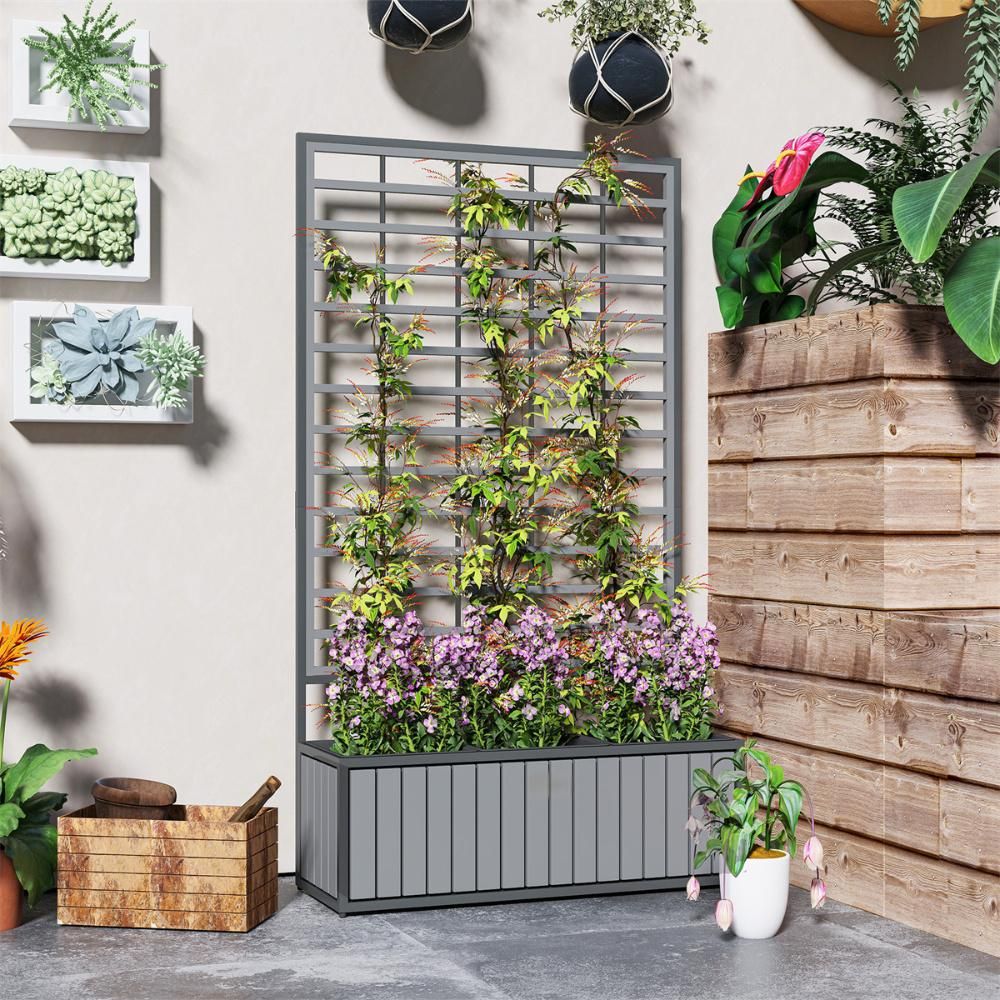 Wooden Raised Garden Bed With Trellis, Removable Pots-Gray_maomaolike.com