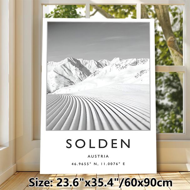 Solden Austria Ski Slope Painting Poster, Monochrome Minimalist Snowy Mountain Ski Trail Poster, Sleek Tranquil Landscape Decor Ideal For Living Room_maomaolike.com