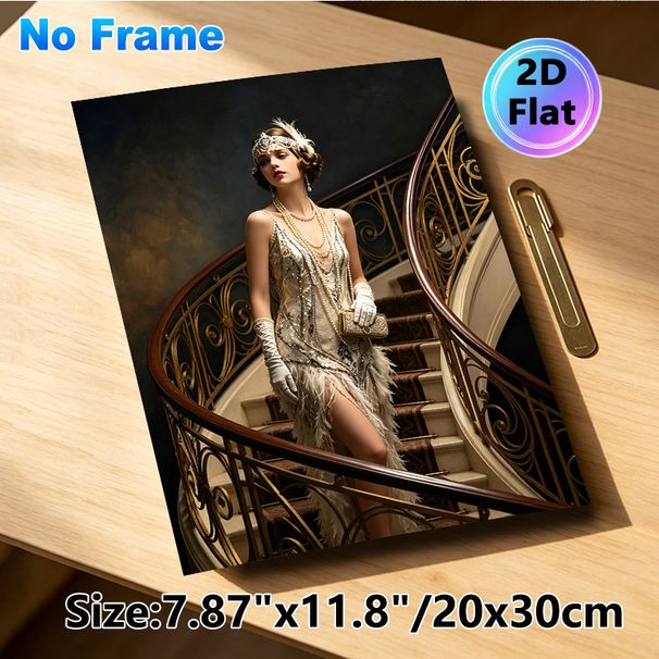 Roaring 20s Flapper Lady Painting Poster, Elegant Vintage Art Deco Style Poster, Glamorous Sequined Dress Figure On Ornate Staircase Brings Retro_maomaolike.com