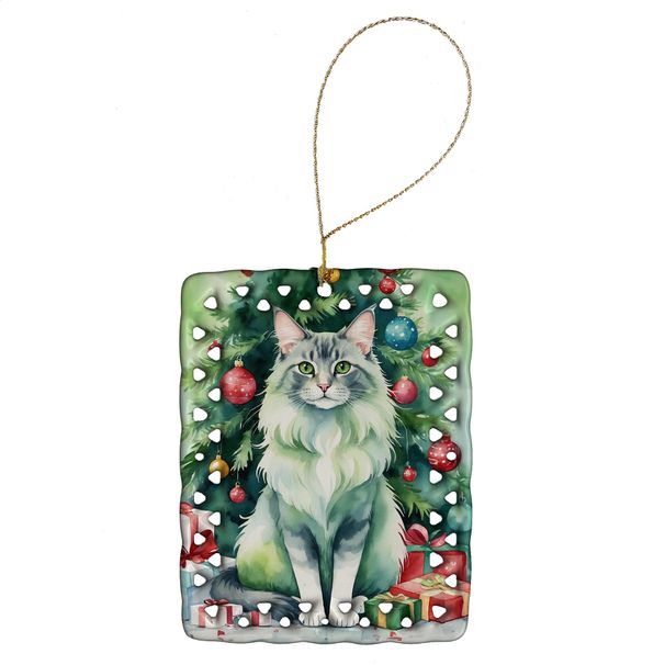 Oriental Longhair Cat By The Christmas Tree Porcelain Ornament Christmas Tree Hanging Decorations For Home Christmas Holiday, Rectangle, Gift, Multicolor_maomaolike.com