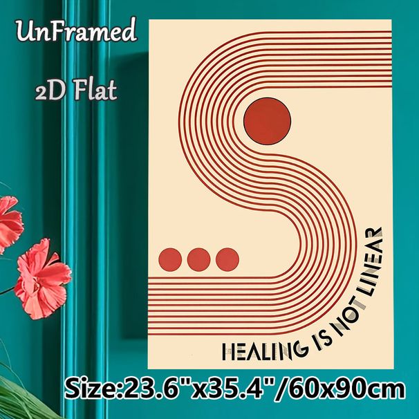 Healing Themed Painting Poster, Minimalist Red Geometric Curved Line & Circle Poster, Inspirational "Healing Is Not Linear" Art, Suitable For Bedroom_maomaolike.com