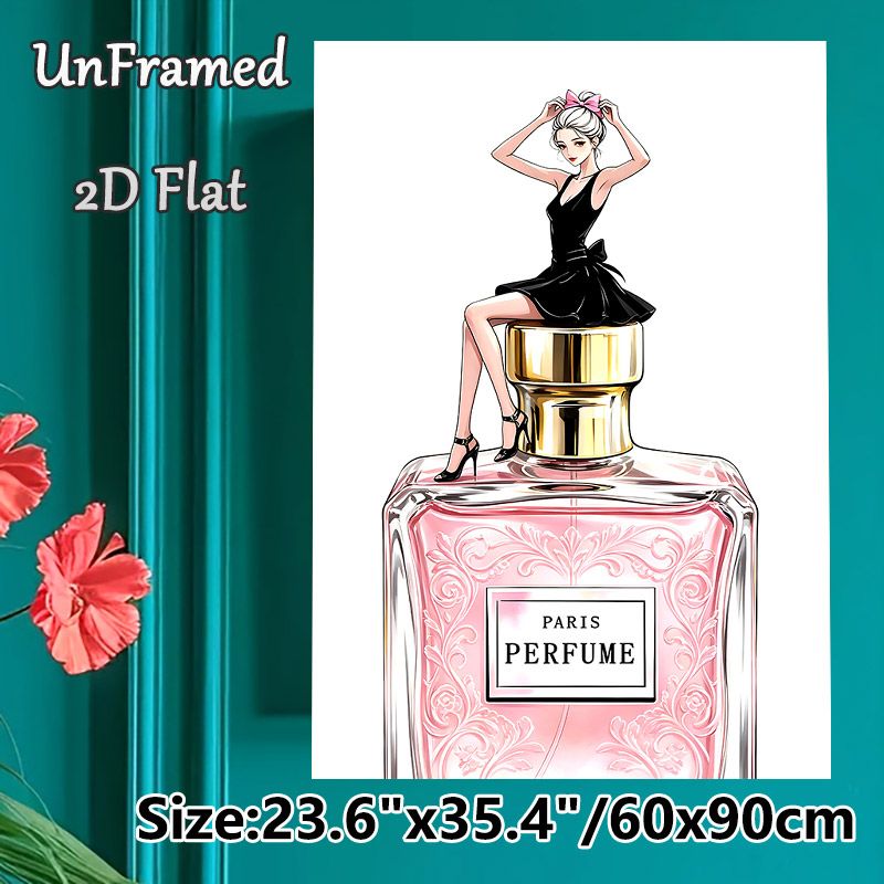 Elegant Lady & Perfume Painting Poster, Stylish Illustration Of Lady On Pink Paris Perfume Bottle Poster, Feminine Chic Decor Ideal For Bedroom_maomaolike.com
