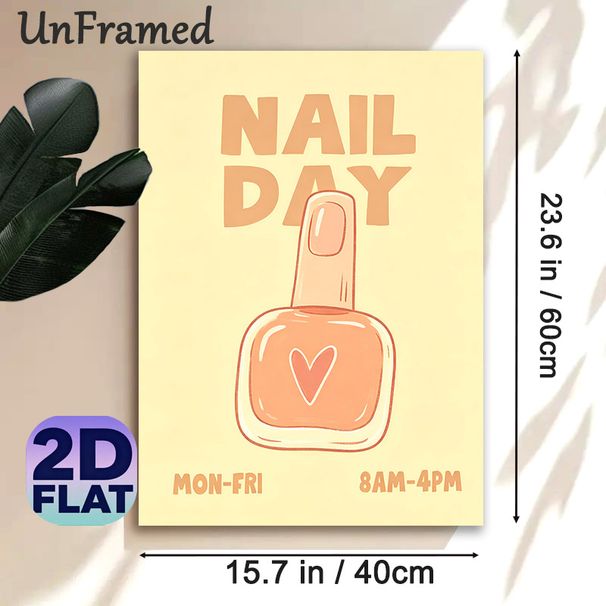 Nail Day Themed Painting Poster, Warm-toned Cute Cartoon Style Poster, Adorable Nail Polish Bottle With Heart Design, Suitable Decor For Beauty Salons_maomaolike.com