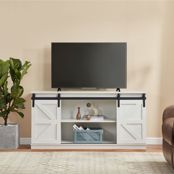 58" Farmhouse TV Stand And Entertainment Center For Televisions Up To 65 Inchs,with Sliding Barn Doors And Storage Cabinets,White_maomaolike.com