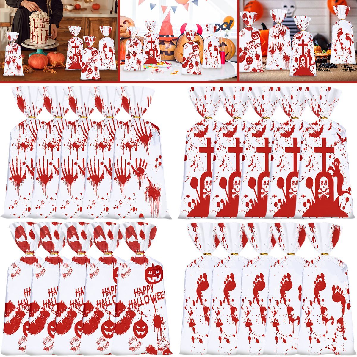 50Pcs Halloween Cellophane Candy Bags With Twist Ties Horrific Bloody Treat Bags 4 Pattern Gift Goody Snack Sweet Bags For Halloween Murder Theme Party Snacks Cookies Gift Wrapping Supplies_maomaolike.com