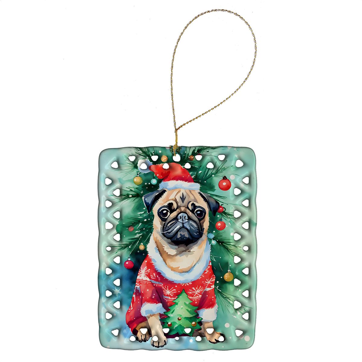 Pug Christmas Porcelain Ornament Christmas Tree Hanging Decorations For Home Christmas Holiday, Rectangle, Gift, Multicolor_maomaolike.com