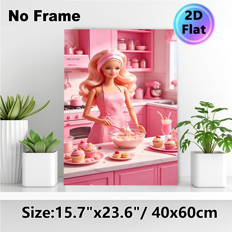 Doll Baking In Pink Kitchen Painting Poster, Vibrant Pink-toned Whimsical Kitchen Scene Poster, Charming Sweet Baking Design Ideal For Bedroom, Living_maomaolike.com