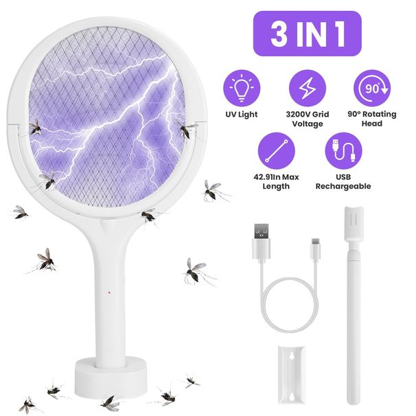 3 In 1 Electric Bug Zapper Racket 90ºRotating Bug Zapper Wand Indoor Outdoor Handheld Mosquito Swatter With Telescopic Extension Wand_maomaolike.com