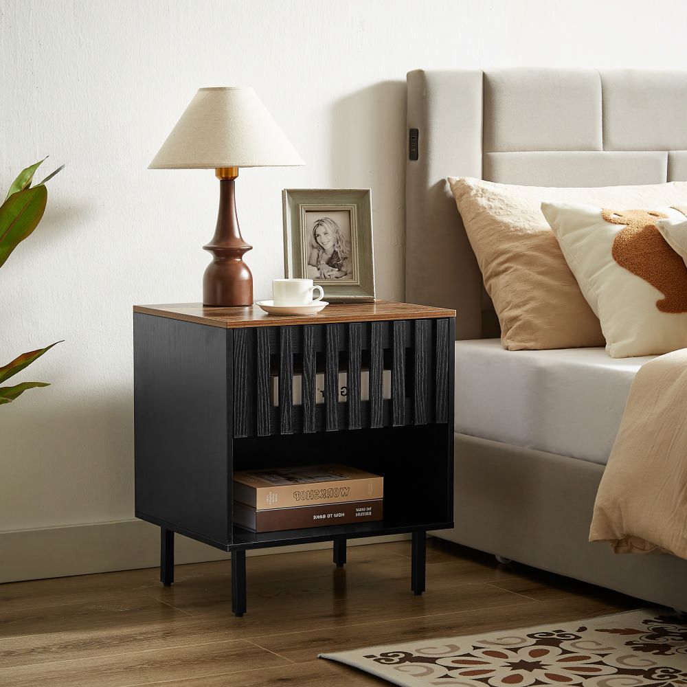 2 Set Nightstands With Grille Striped Doors, Mid Century Modern Nightstand, Bedside Table With Slatted Drawer Decor, End Tables Bedroom With Metal Legs, Night Stand For Bedroom_maomaolike.com
