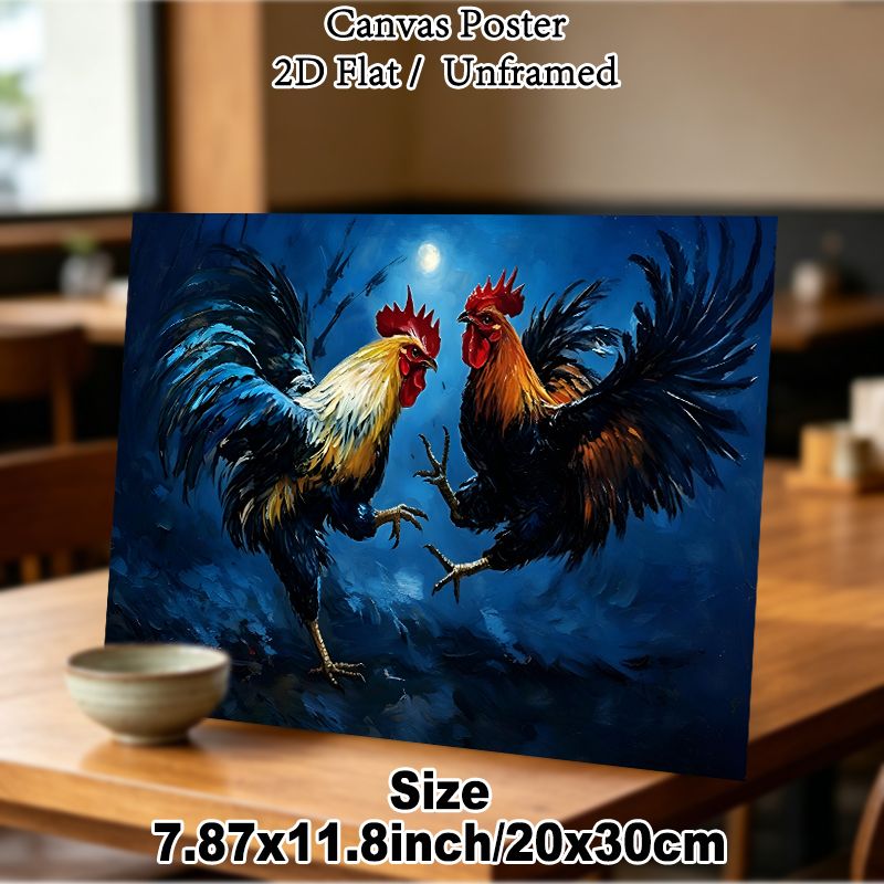 Rooster Fighting Painting Poster, Bold Impasto-style Confronting Roosters Under Moonlight Poster, Striking Artistic Decor Suitable For Living Room_maomaolike.com