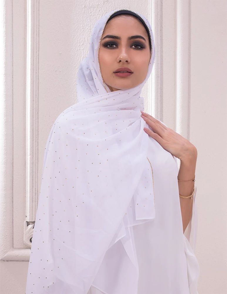 Unisex Monochrome pearl chiffon chain scarf Malay Indonesian hot drill chain scarf covering head gauze scarf_maomaolike.com