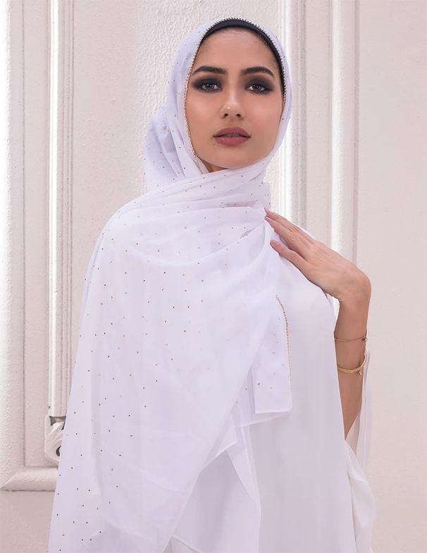 Unisex Monochrome pearl chiffon chain scarf Malay Indonesian hot drill chain scarf covering head gauze scarf_maomaolike.com