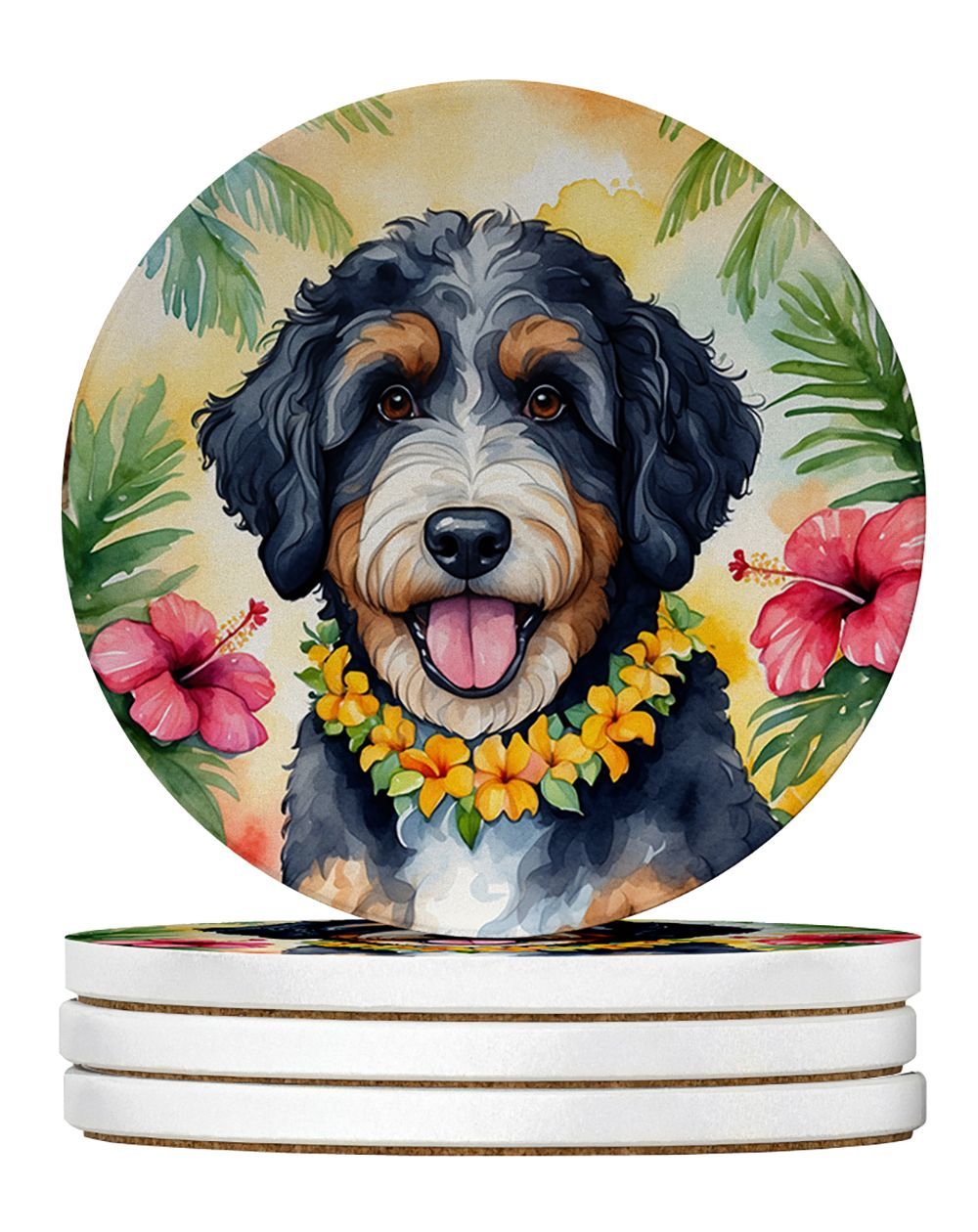 Bernedoodle Luau Large Sandstone Coasters Pack Of 4 Absorbent Round Coasters Decor Gifts For Men Or Women, 4 In, Multicolor_maomaolike.com