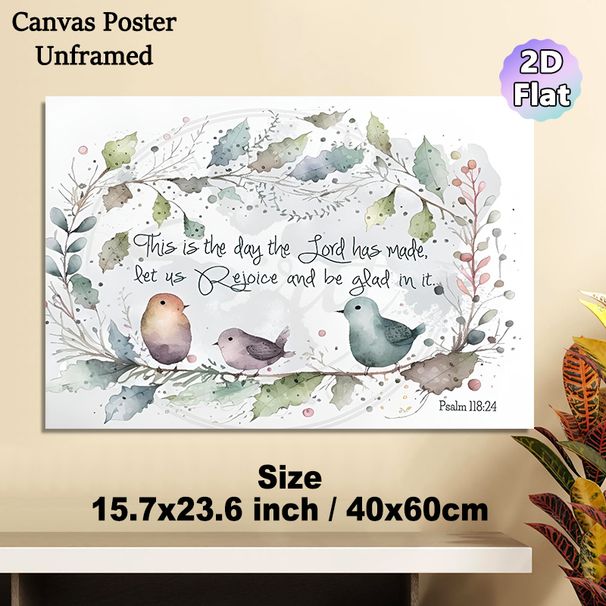Bible Verse Psalm 118:24 Painting Poster, Soft Watercolor Delicate Foliage & Cute Birds Poster, Inspirational Religious Quote For Home, Living Room Or_maomaolike.com