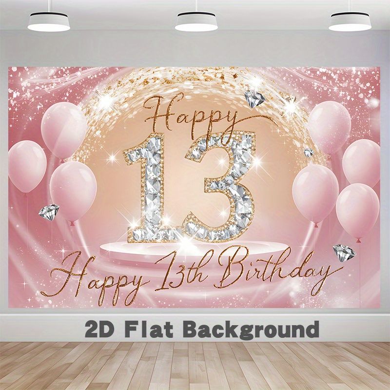 Glitter Pink 13th Birthday Party Banner - 2D Flat Polyester Backdrop With Diamond Design, Wall Hanging Photo Props, Party Decor_maomaolike.com